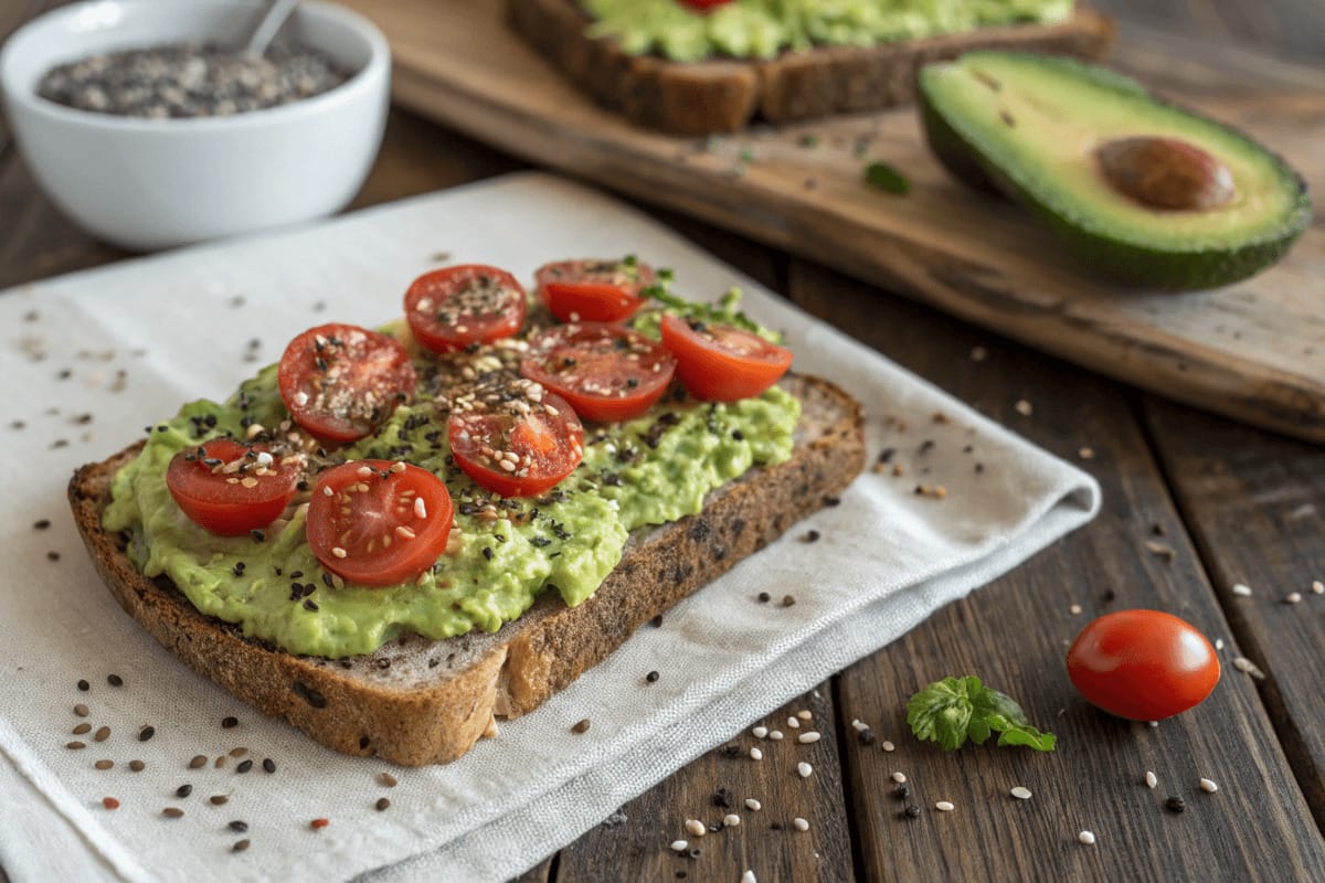 A slice of toast topped with mashed avocado and garnished with cherry tomatoes and seeds on a white plate.