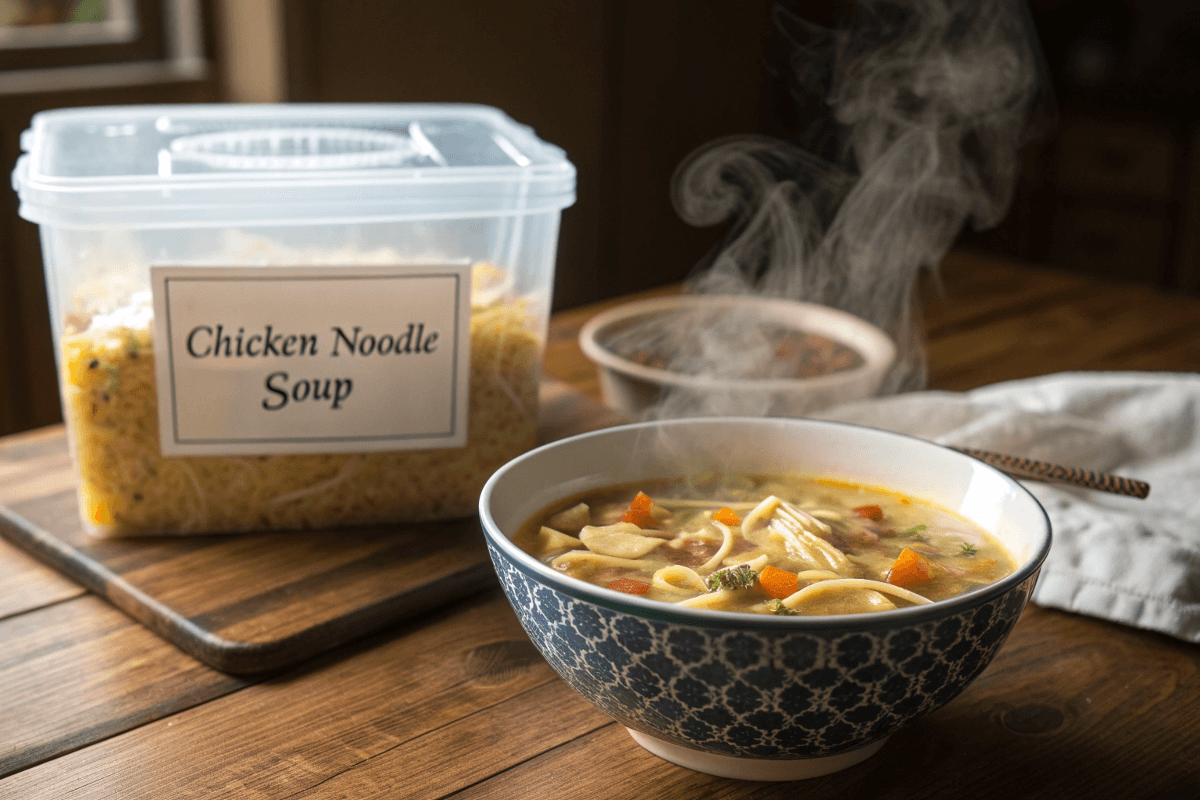 Freezing chicken noodle soup in labeled freezer-safe containers with fresh ingredients nearby.