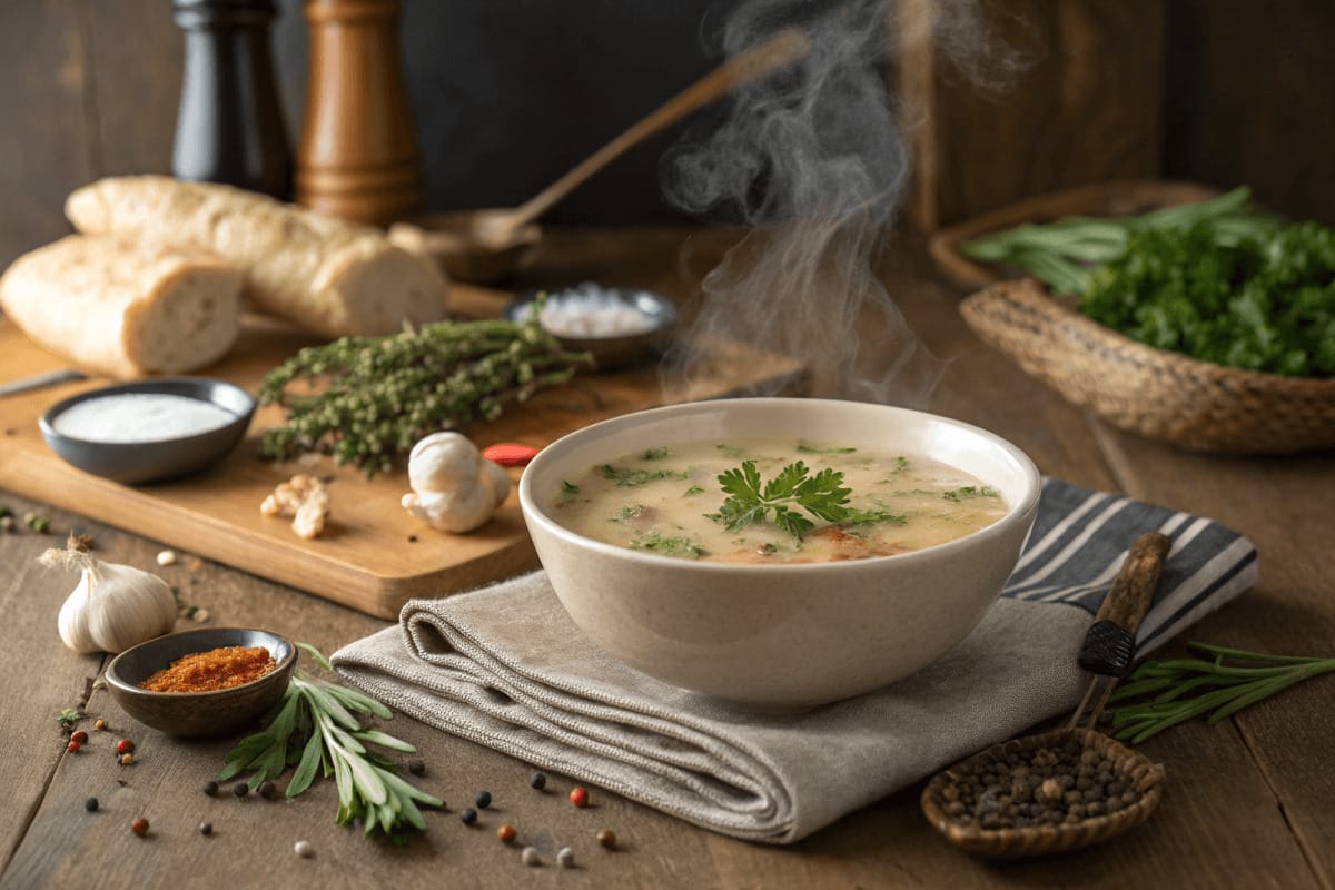 A bowl of homemade cream of chicken soup substitute, garnished with fresh herbs, placed on a rustic wooden table with ingredients like chicken broth, milk, and seasonings nearby.