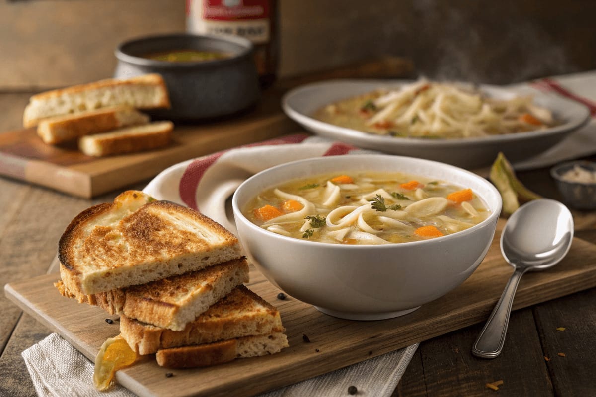 A bowl of chicken noodle soup paired with a variety of sandwiches, including grilled cheese and ham and cheese, presented on a wooden table.