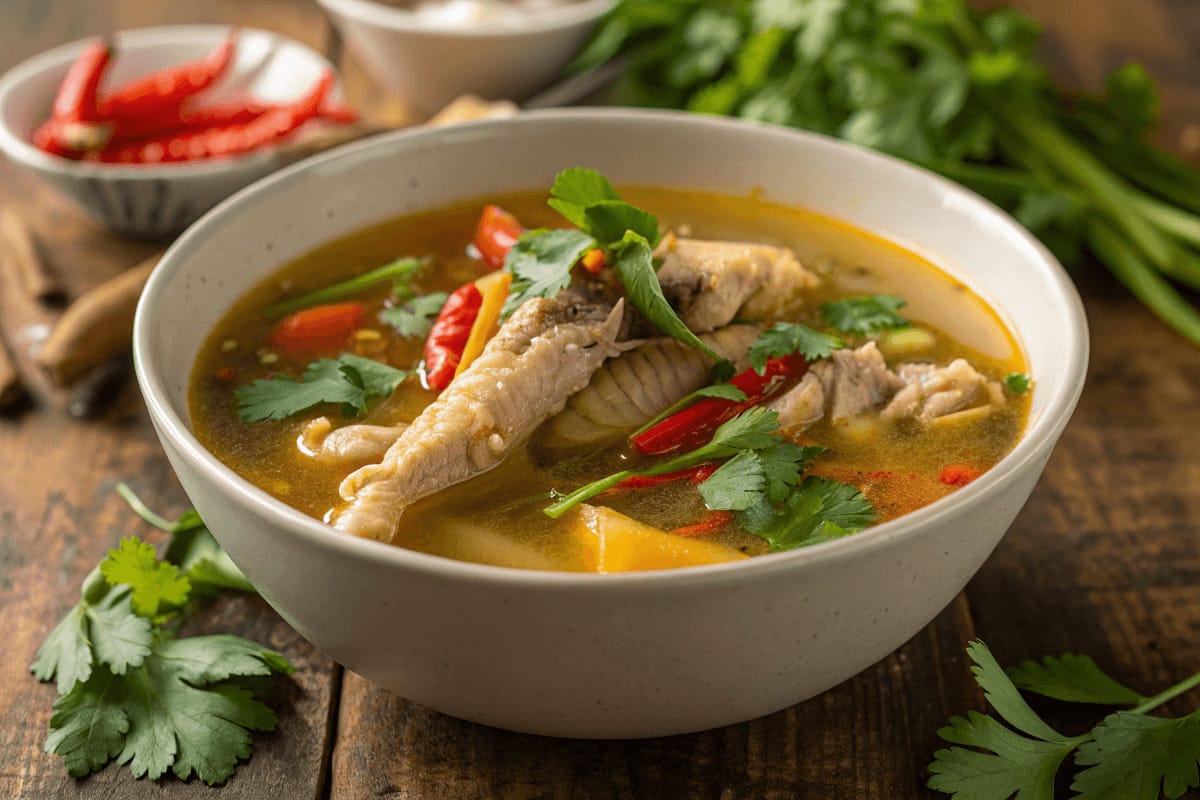 A steaming bowl of nourishing chicken foot soup garnished with fresh herbs, featuring tender chicken feet, vibrant vegetables, and a golden broth.