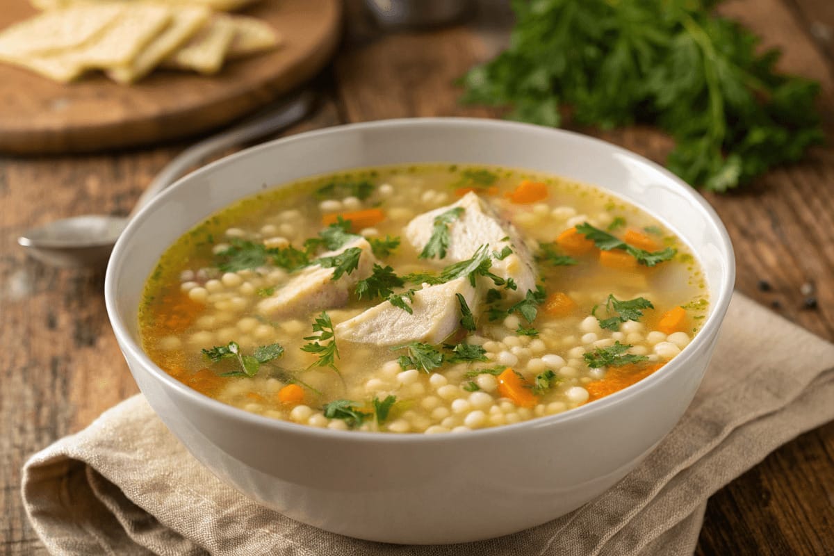 A steaming bowl of Chicken Pastina Soup garnished with fresh parsley, featuring tender chicken, tiny pastina pasta, and a golden broth.