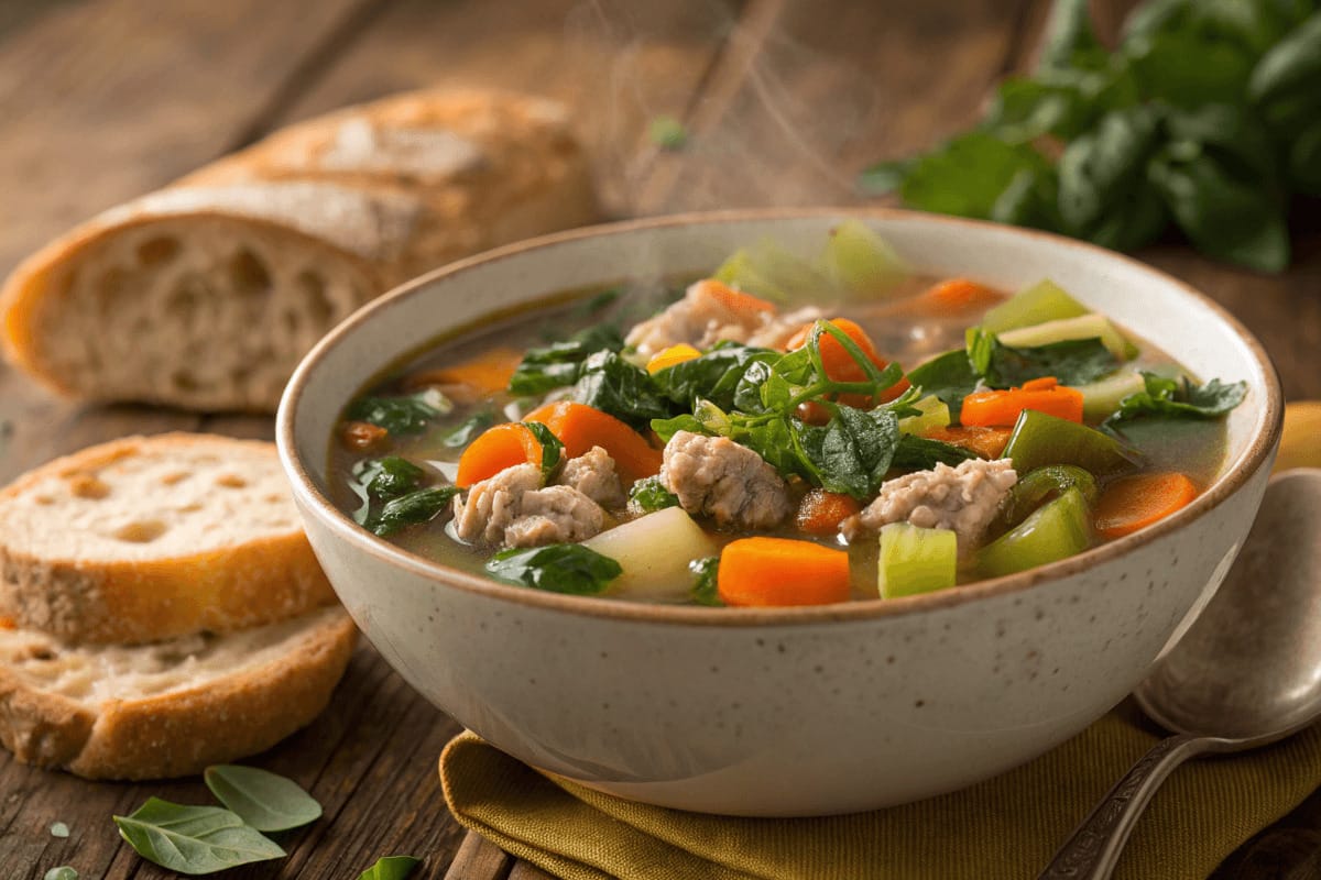 A steaming bowl of easy ground chicken soup filled with colorful vegetables, garnished with fresh herbs, and served in a rustic ceramic bowl.