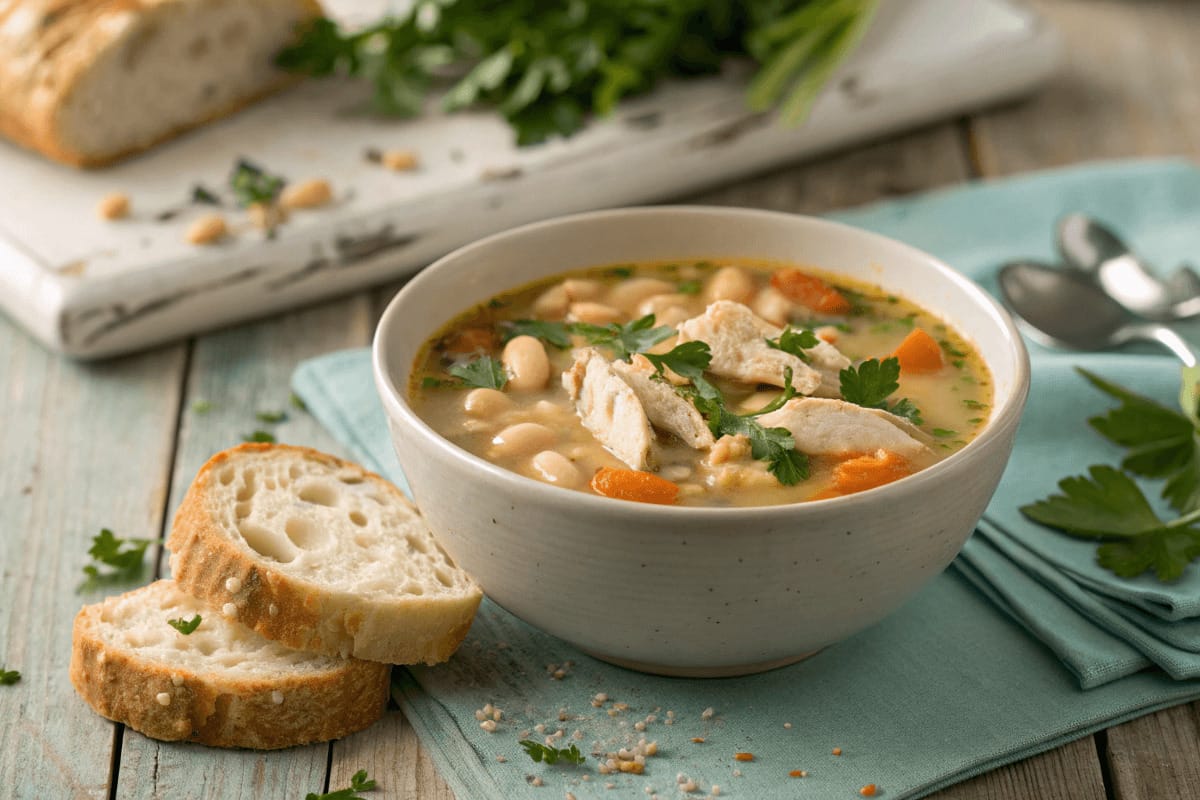 A bowl of hearty chicken white bean soup garnished with fresh parsley and served with crusty bread.