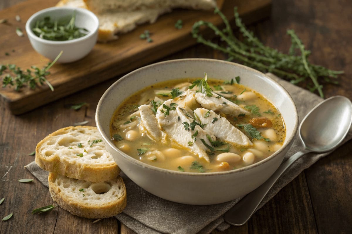 A bowl of white beans in chicken soup garnished with fresh herbs, served alongside crusty bread on a rustic wooden table.