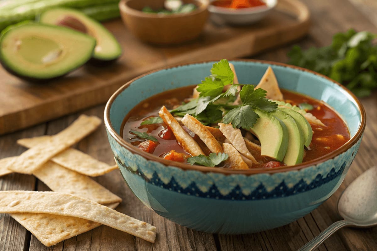 Bowl of Healthy Chicken Tortilla Soup with fresh toppings and tortilla strips