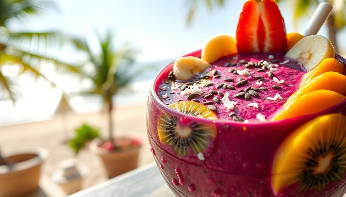 A vibrant acai bowl tropical smoothie topped with fresh mango, kiwi, pineapple, coconut flakes, and chia seeds.