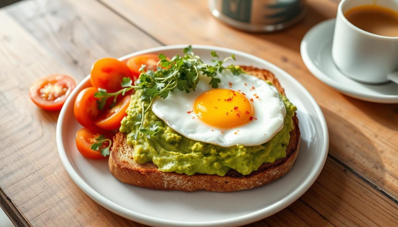 A perfectly prepared avocado egg toast topped with a poached egg, garnished with chili flakes and fresh herbs, served on a wooden plate.