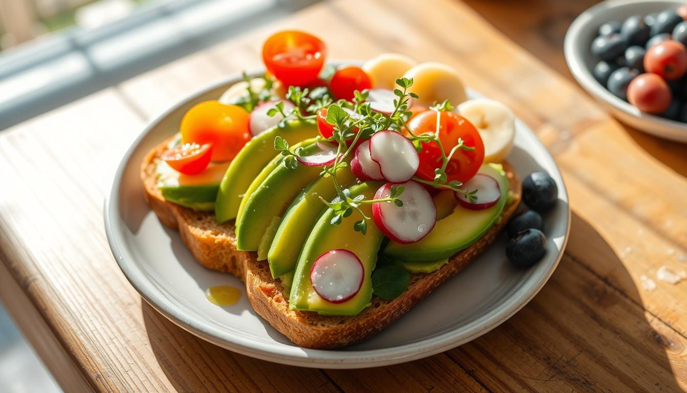 Fresh avocado on whole grain toast topped with cherry tomatoes and sesame seeds, showcasing a nutritious breakfast option.