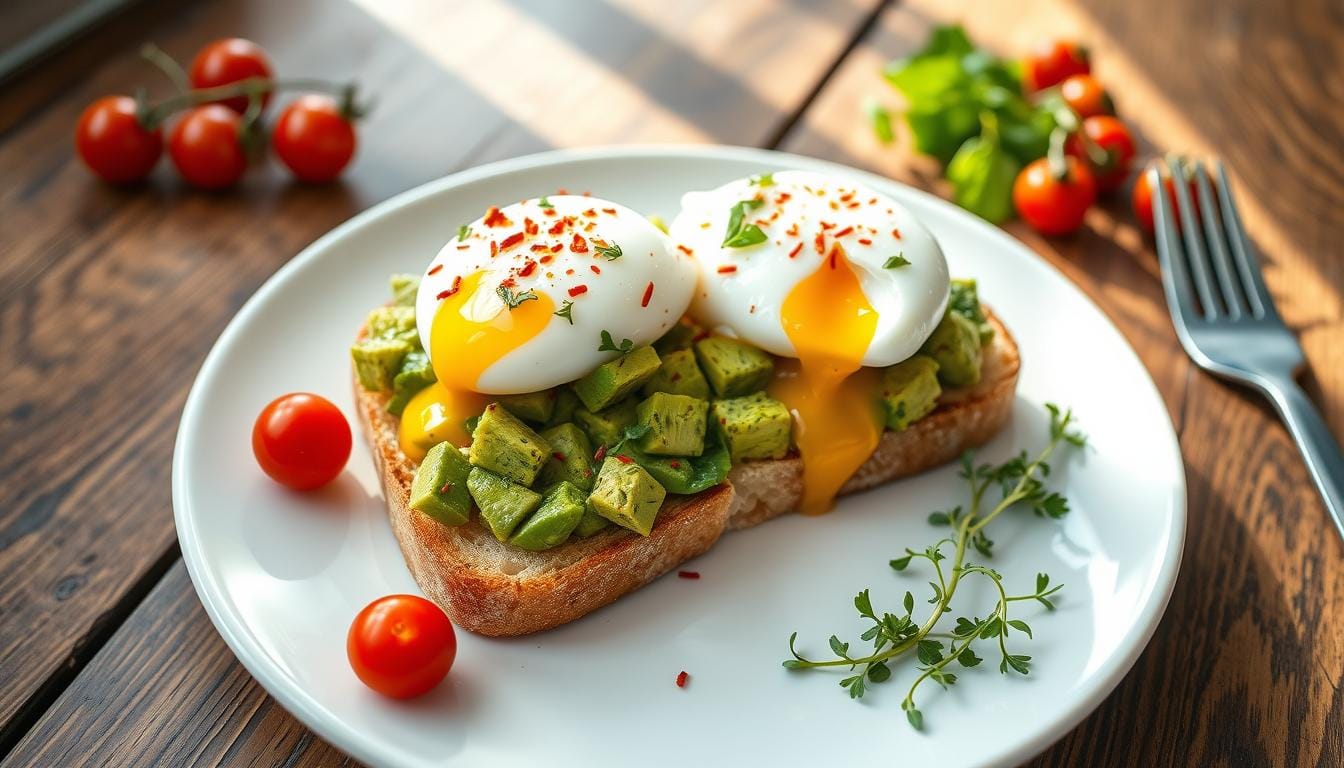 Avocado toast with a perfectly cooked egg on top, garnished with fresh herbs and seasoning.