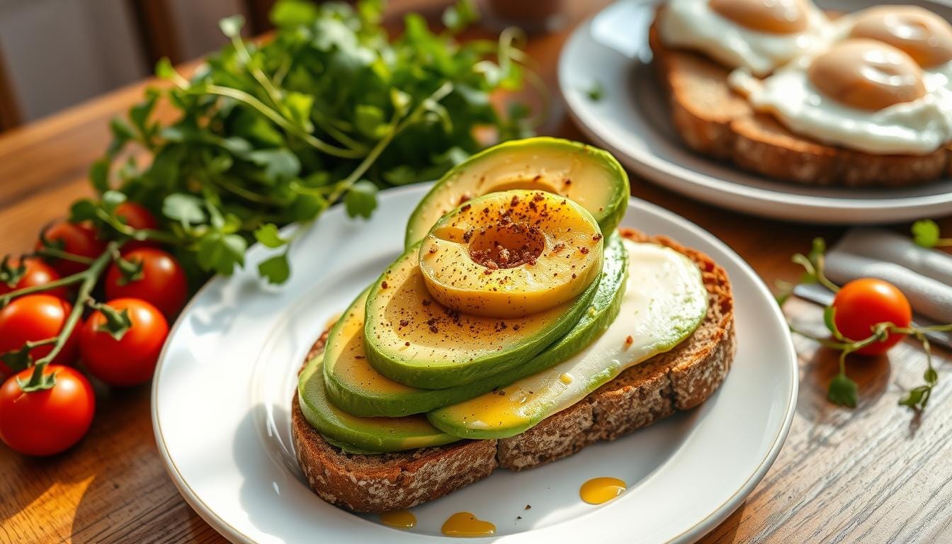 A plate of avocado toast with whole-grain bread, topped with cherry tomatoes, eggs, and microgreens, highlighting its health benefits.