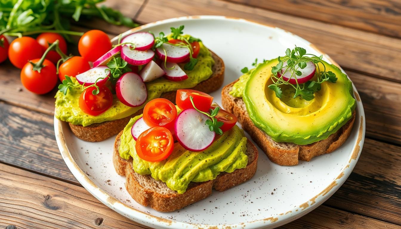 A plate of avocado toast on whole-grain bread topped with cherry tomatoes and chia seeds, showcasing its nutritional ingredients.