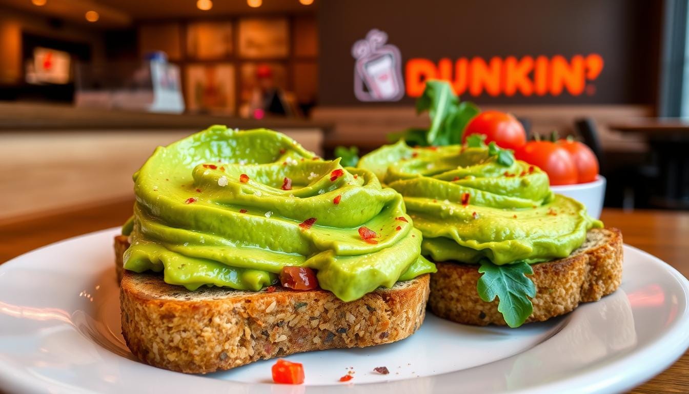 A close-up of Dunkin's avocado toast served on sourdough bread, topped with everything bagel seasoning.