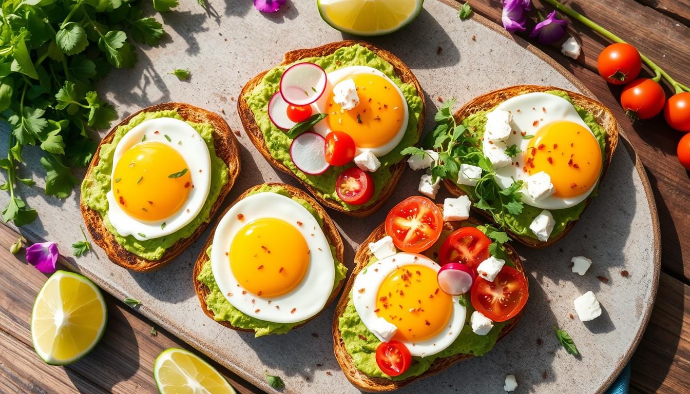 A delicious avocado toast topped with smoked salmon, poached eggs, cherry tomatoes, and fresh herbs.