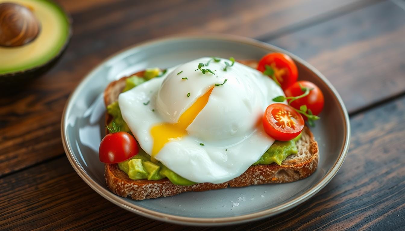 Avocado toast topped with a poached egg, garnished with chili flakes and microgreens on a rustic wooden plate.