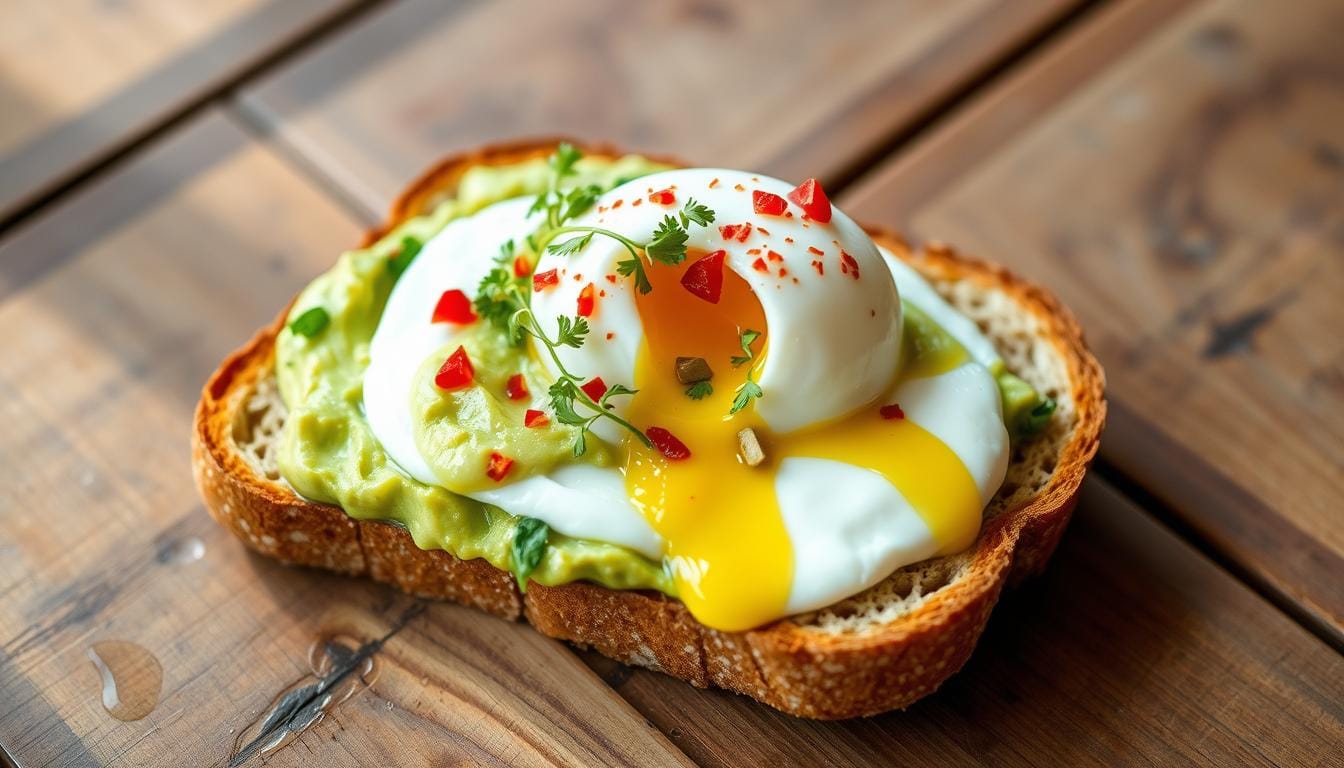 A slice of whole grain toast topped with creamy avocado, a perfectly poached egg, and garnished with fresh herbs and chili flakes.