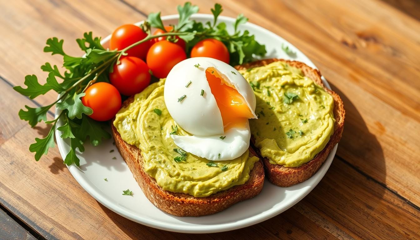 A close-up of avocado toast topped with a perfectly poached egg, garnished with microgreens and cherry tomatoes, on a rustic wooden plate.