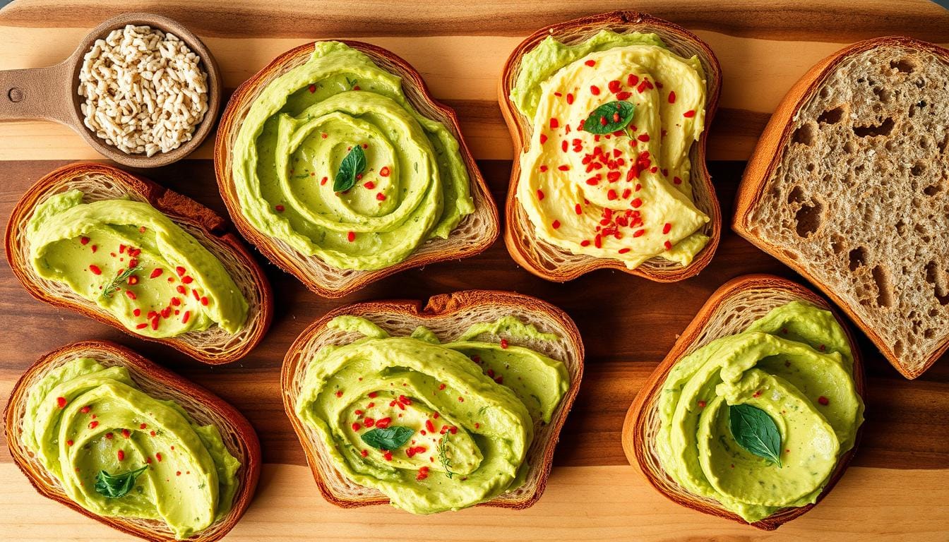 Assortment of breads including sourdough, multigrain, whole wheat, and rye, topped with mashed avocado and gourmet toppings on a rustic wooden table.