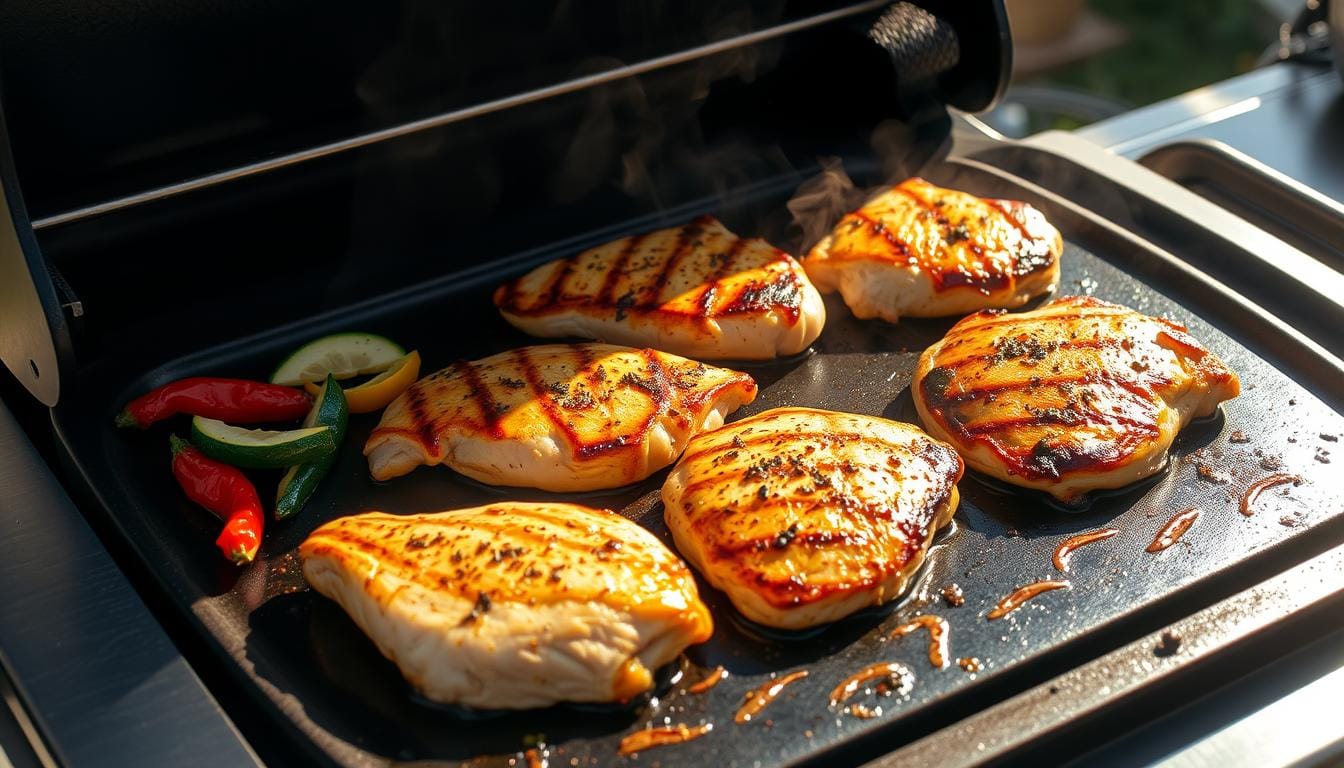 Perfectly grilled chicken breasts on a Blackstone griddle, garnished with fresh herbs and lemon slices.