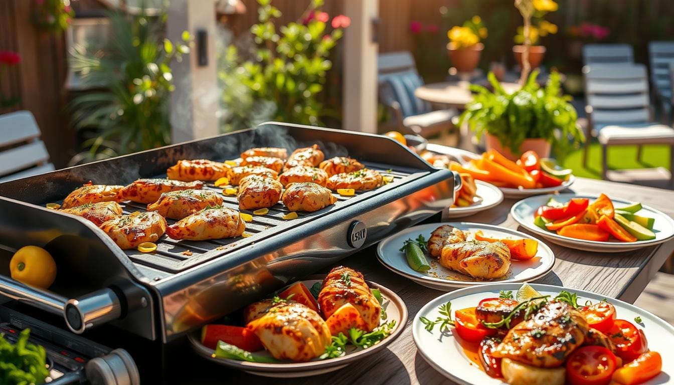 Juicy chicken pieces sizzling on a Blackstone griddle with vibrant vegetables and a smoky outdoor setting.