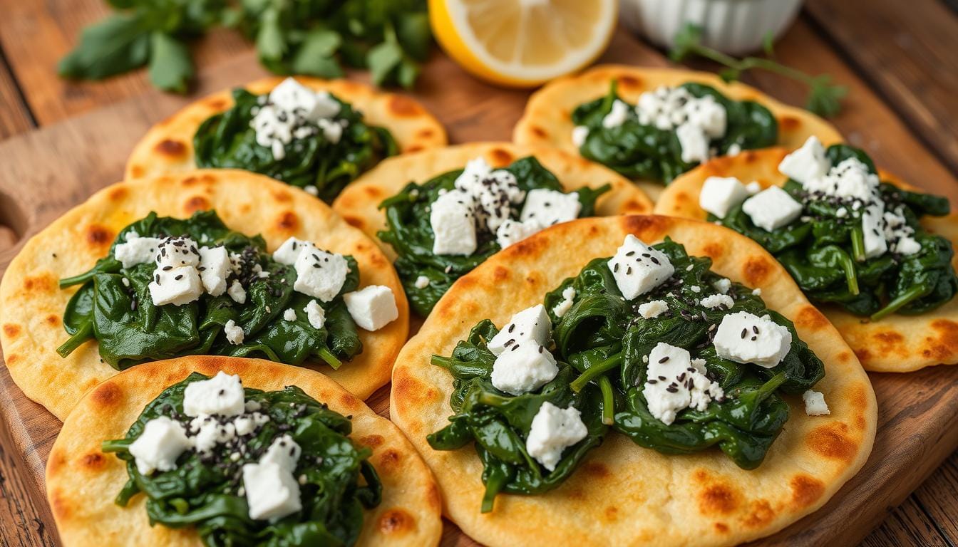 A freshly baked breakfast flatbread topped with sautéed spinach, crumbled feta cheese, and garnished with fresh herbs.