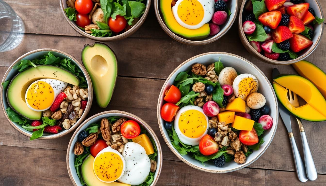 Assorted brunch bowls with colorful ingredients including eggs, avocado, grains, and fresh fruits on a wooden table.