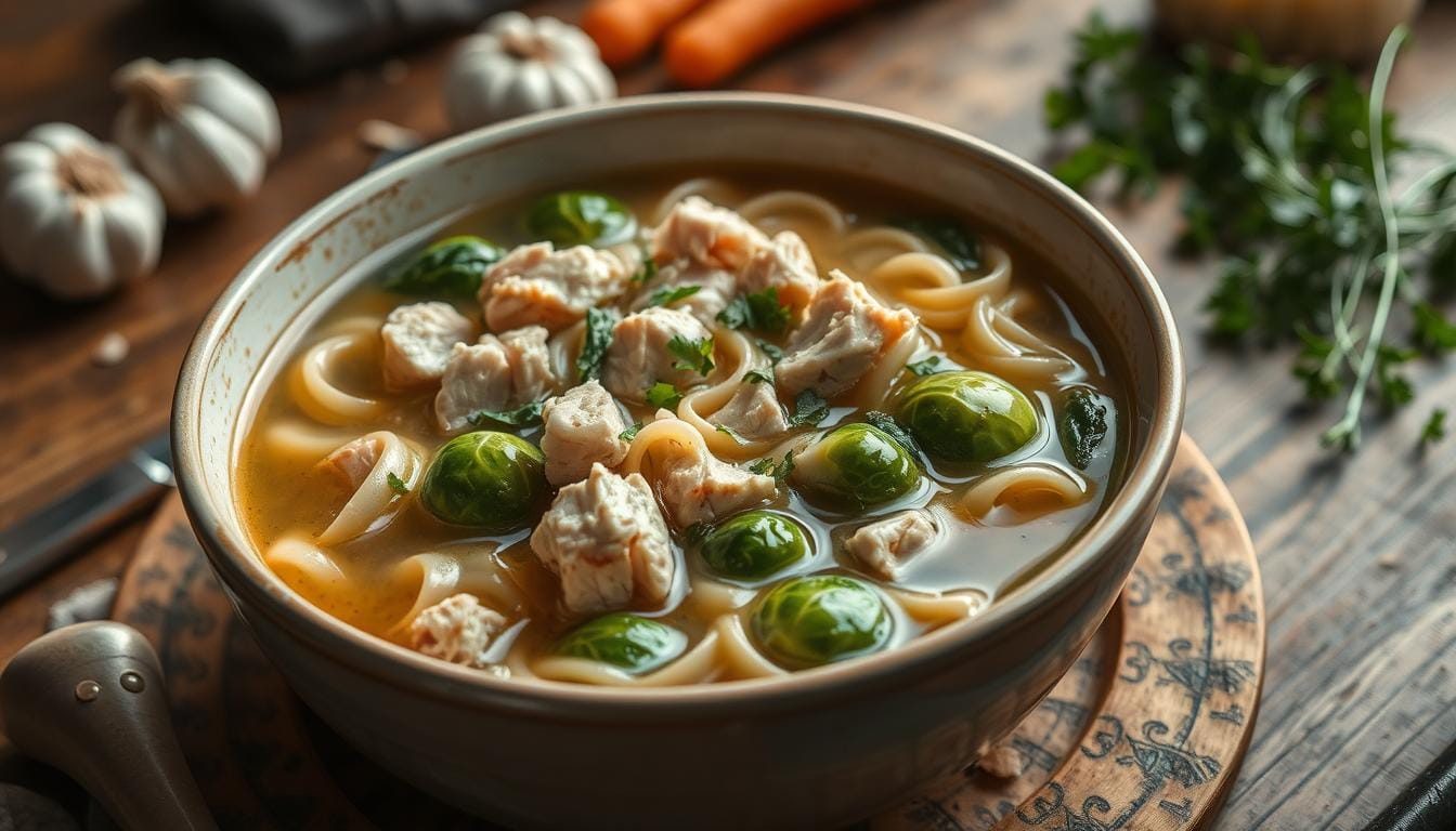 A steaming bowl of cozy Brussels sprouts chicken noodle soup garnished with fresh parsley and served in a rustic ceramic bowl.