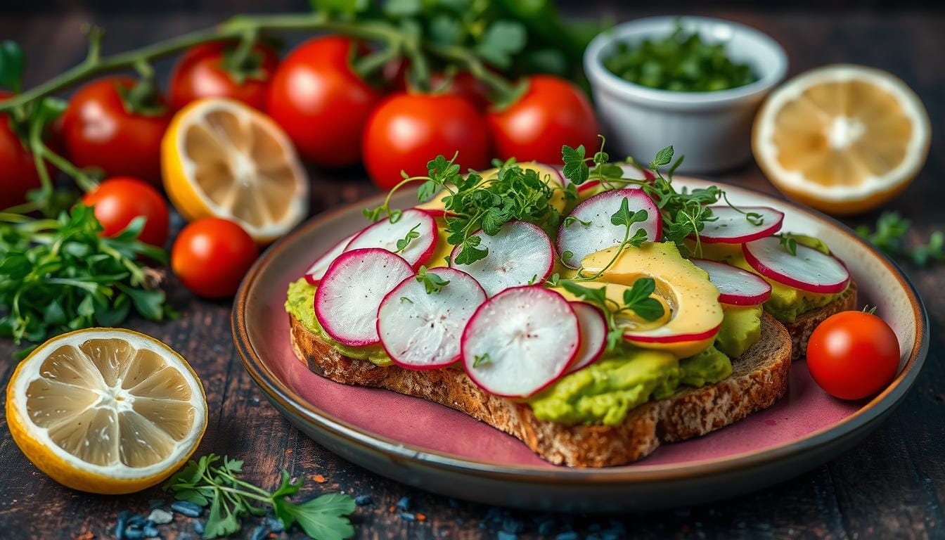 A slice of avocado toast on whole grain bread with cherry tomatoes and chia seeds, highlighting its calorie content.