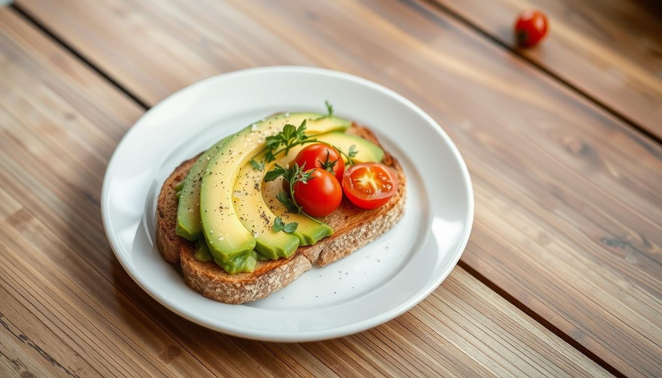 A slice of toast topped with mashed avocado, cherry tomatoes, and chia seeds, showcasing the calorie and nutritional content of avocado toast.