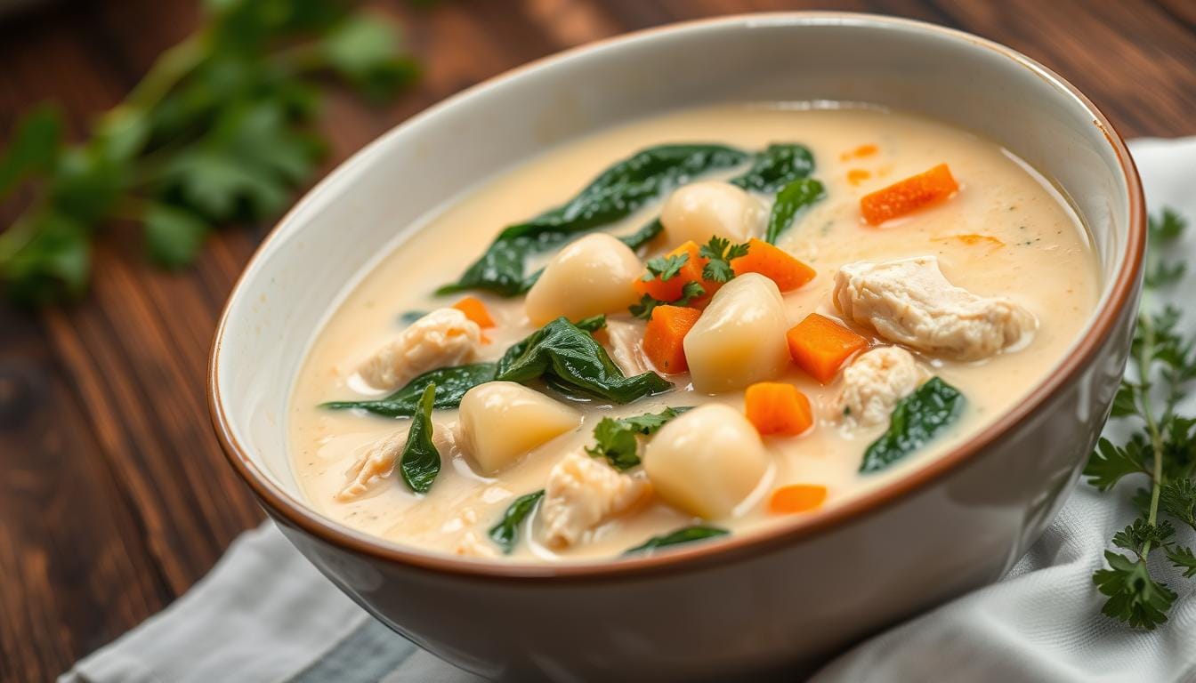 A bowl of creamy chicken and gnocchi soup garnished with fresh parsley and served on a wooden table.