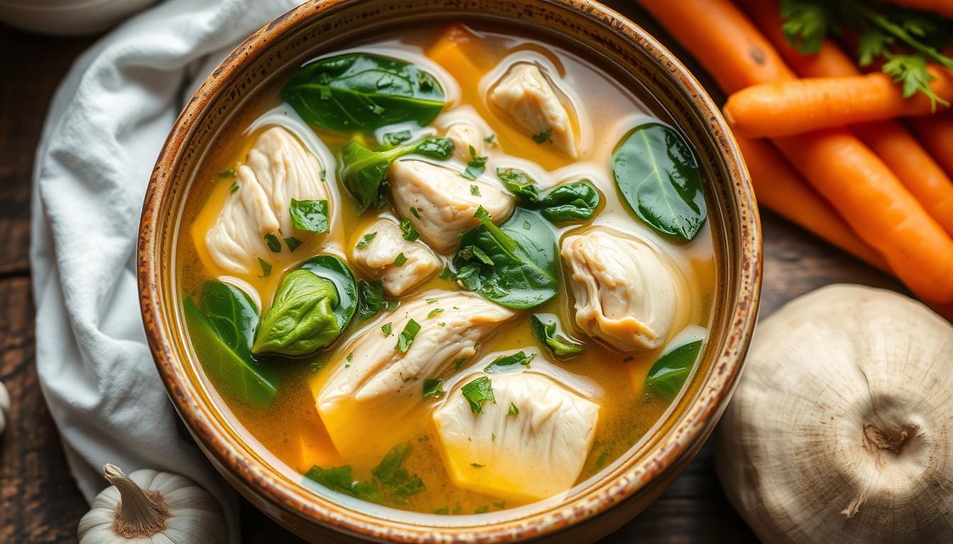 Freshly prepared chicken and spinach soup in a rustic bowl with herbs and bread on the side.