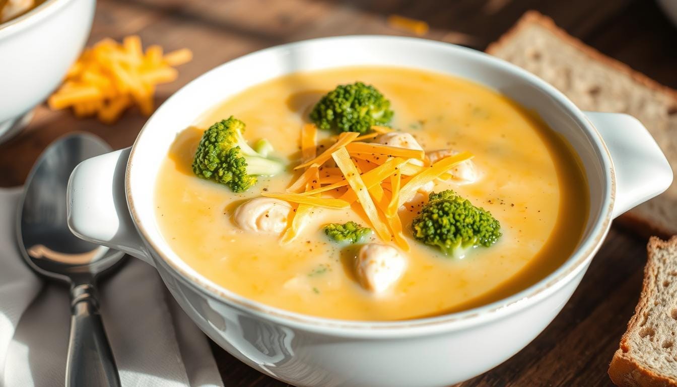 A bowl of creamy chicken broccoli cheddar soup with fresh parsley garnish and a side of crusty bread.