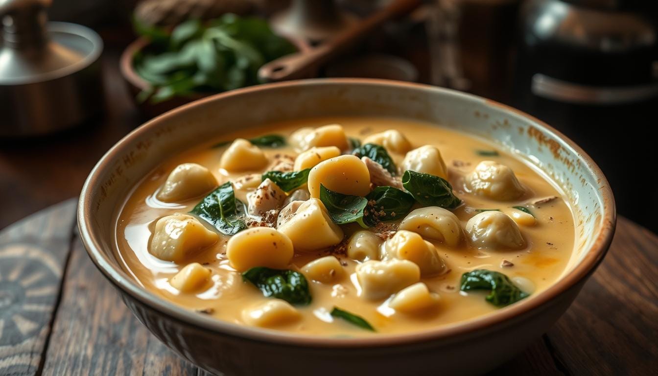 A bowl of creamy chicken gnocchi soup topped with fresh herbs, showcasing a rich, comforting texture perfect for cozy meals.