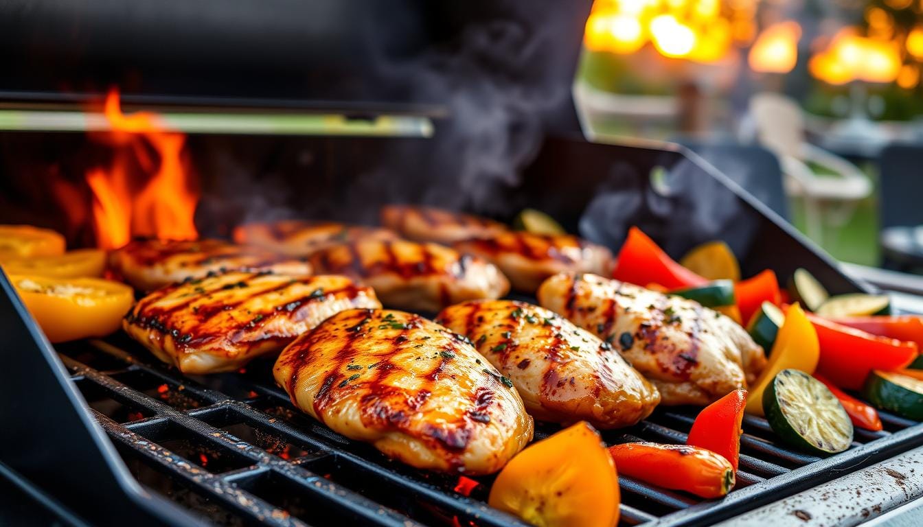 Juicy chicken breasts sizzling on a Blackstone griddle with fresh vegetables and herbs.