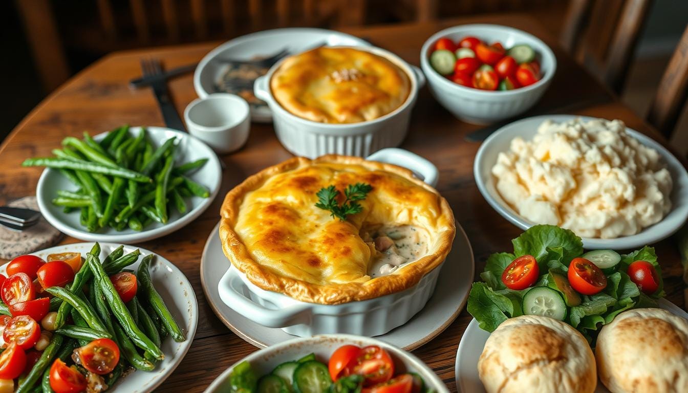 A delicious chicken pot pie served with creamy mashed potatoes, roasted vegetables, and a fresh green salad on a rustic table.