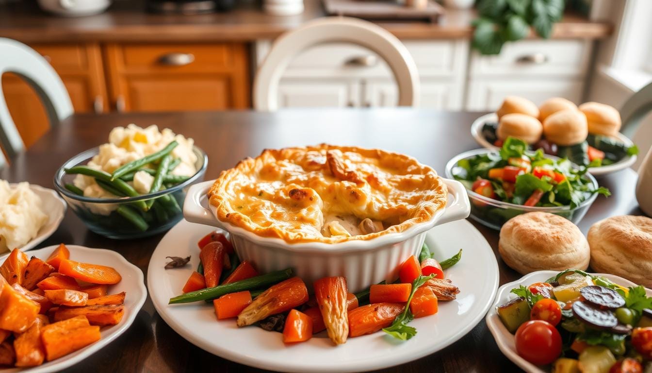 A delicious chicken pot pie served with creamy mashed potatoes, roasted vegetables, and a side salad, creating a balanced and hearty meal.