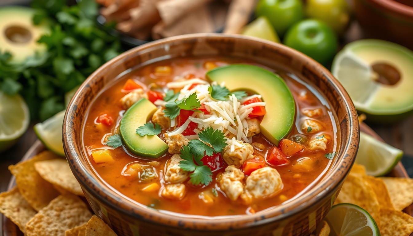 A bowl of chicken taco soup garnished with avocado slices, shredded cheese, tortilla strips, and fresh cilantro.