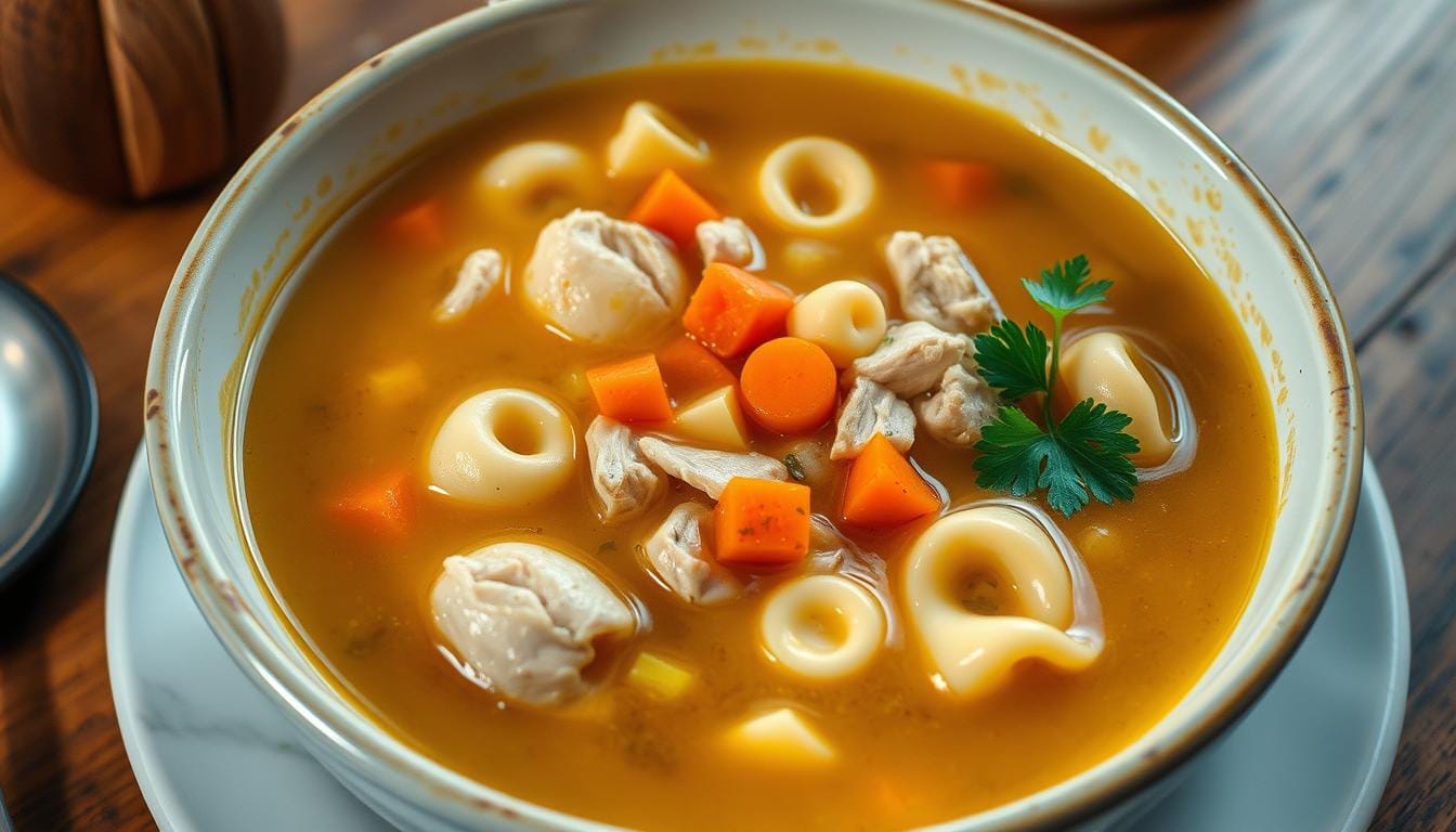 A steaming bowl of chicken tortellini soup garnished with fresh parsley, featuring tender chicken pieces, vibrant vegetables, and cheese-filled tortellini.