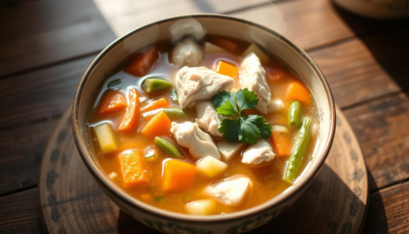 A bowl of delicious chicken vegetable soup filled with colorful vegetables, tender chicken, and fresh herbs, perfect for a quick and healthy meal.