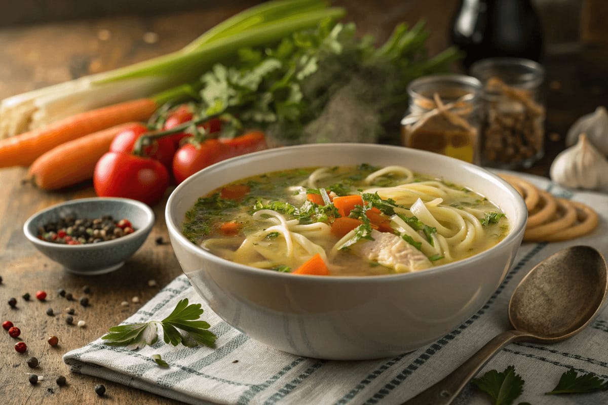 A steaming bowl of low-sodium chicken noodle soup with tender chicken, fresh vegetables, and whole wheat noodles in a light, golden broth.