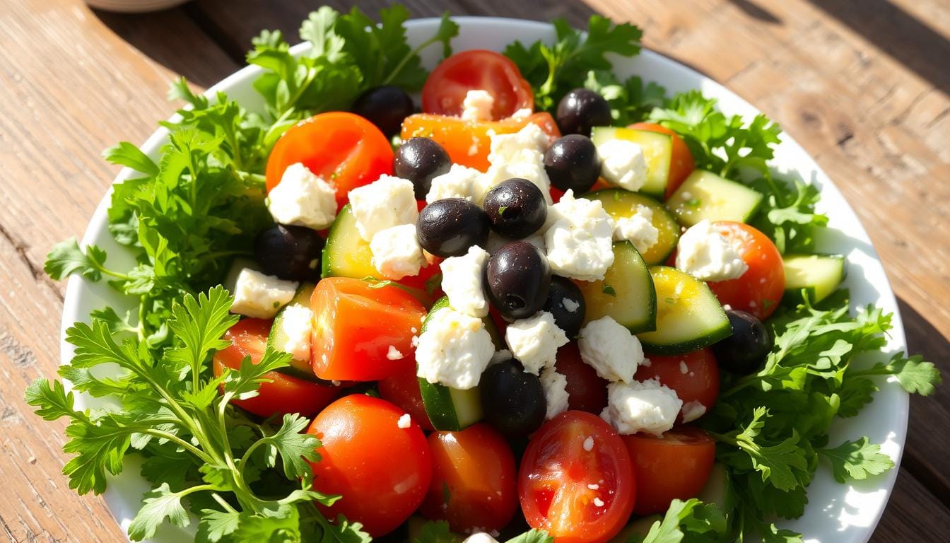 A vibrant cucumber tomato Mediterranean salad with diced cucumbers, ripe tomatoes, red onions, olives, crumbled feta cheese, and fresh parsley, served in a white bowl.