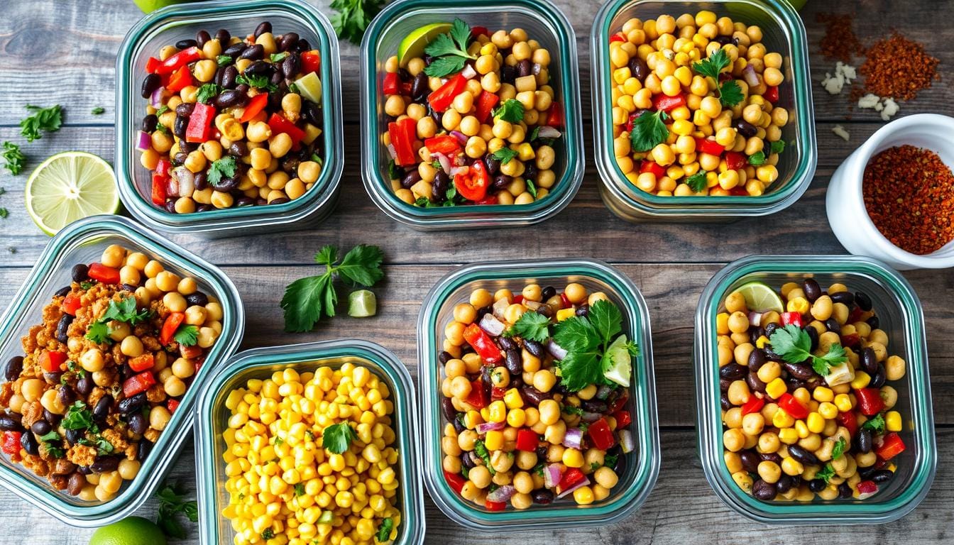 A colorful dense bean salad with chickpeas, kidney beans, diced vegetables, and fresh herbs in a rustic bowl.