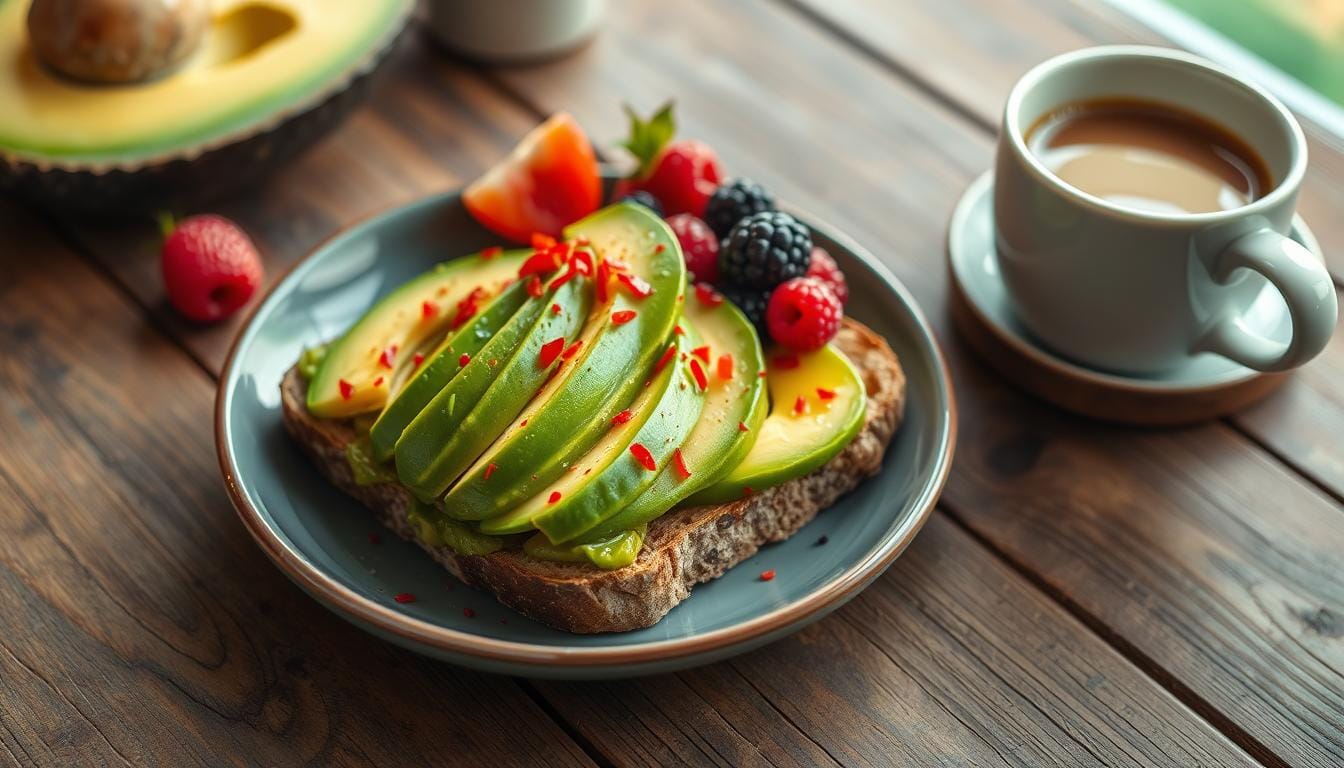 Close-up of Dunkin' Avocado Toast on toasted sourdough bread topped with everything bagel seasoning, served on a white plate with a coffee cup in the background.