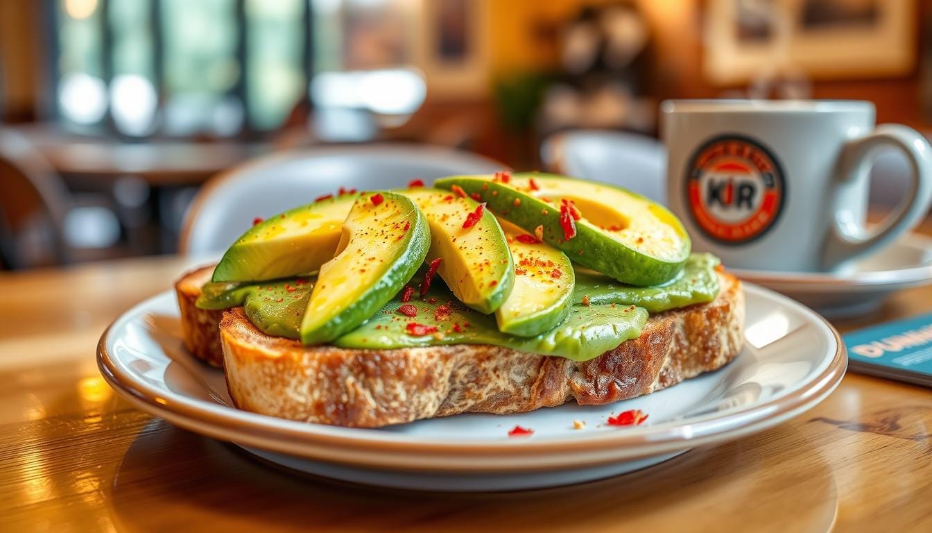 A close-up of Dunkin Donuts avocado toast with creamy avocado spread on toasted sourdough bread, sprinkled with everything bagel seasoning.