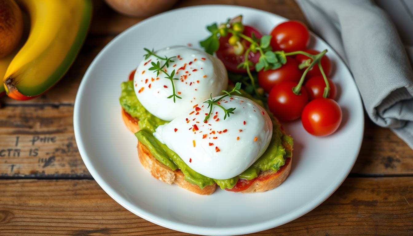 A perfectly prepared egg avocado toast on sourdough bread, topped with a soft-boiled egg, mashed avocado, cherry tomatoes, and fresh herbs.