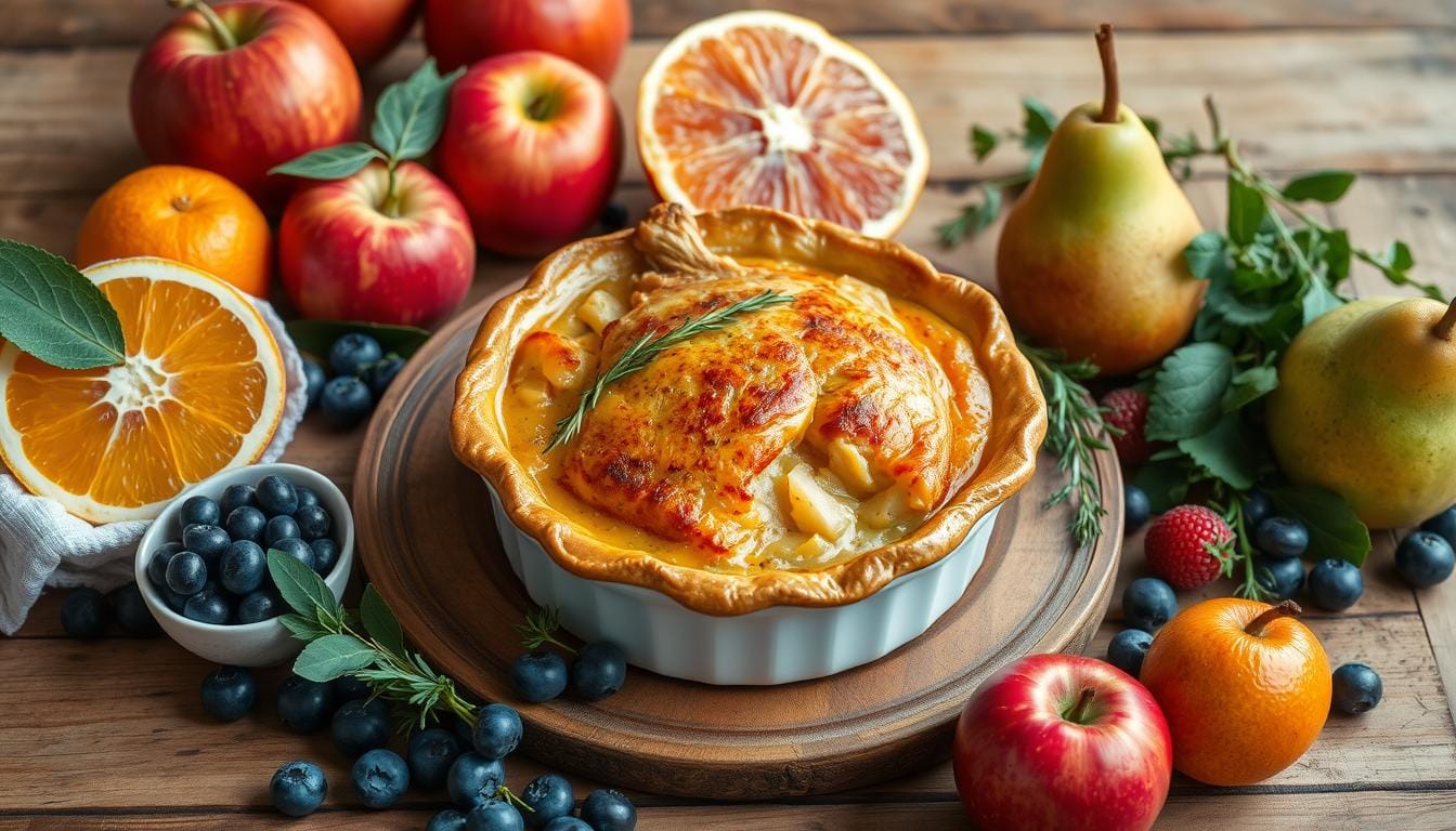 A colorful platter of fresh fruits including citrus slices, apple wedges, berries, and grapes served alongside a golden chicken pot pie.