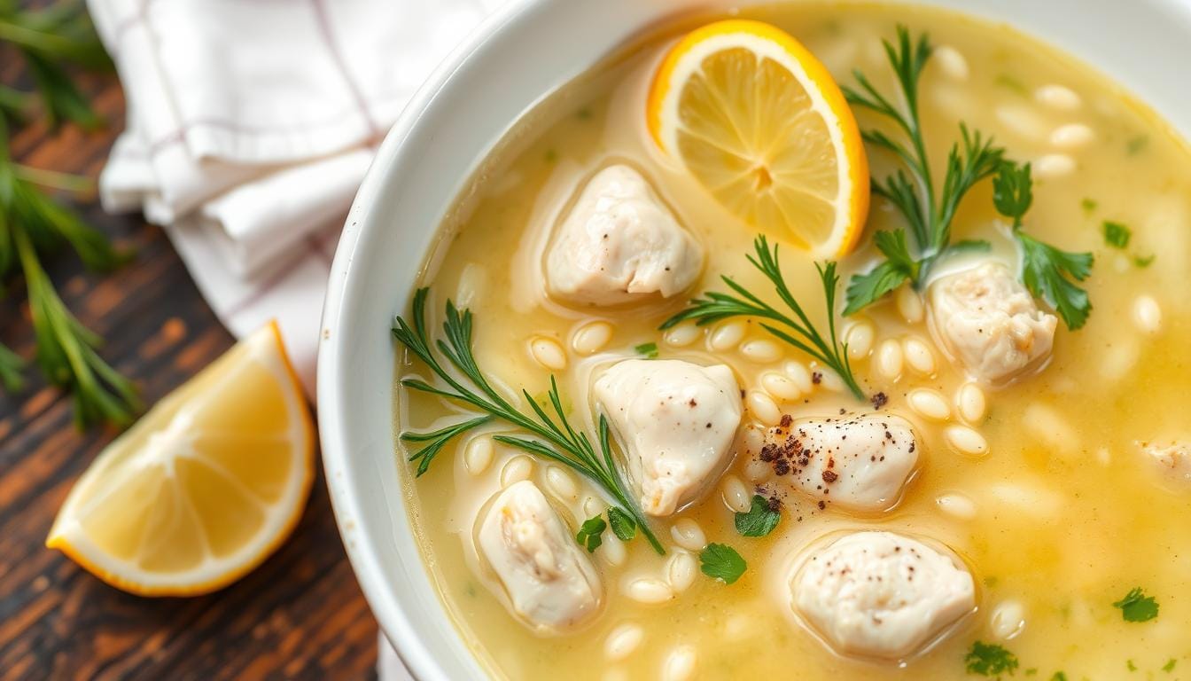 A bowl of the best Greek lemon chicken soup (Avgolemono) garnished with fresh dill and lemon slices, served on a rustic wooden table.