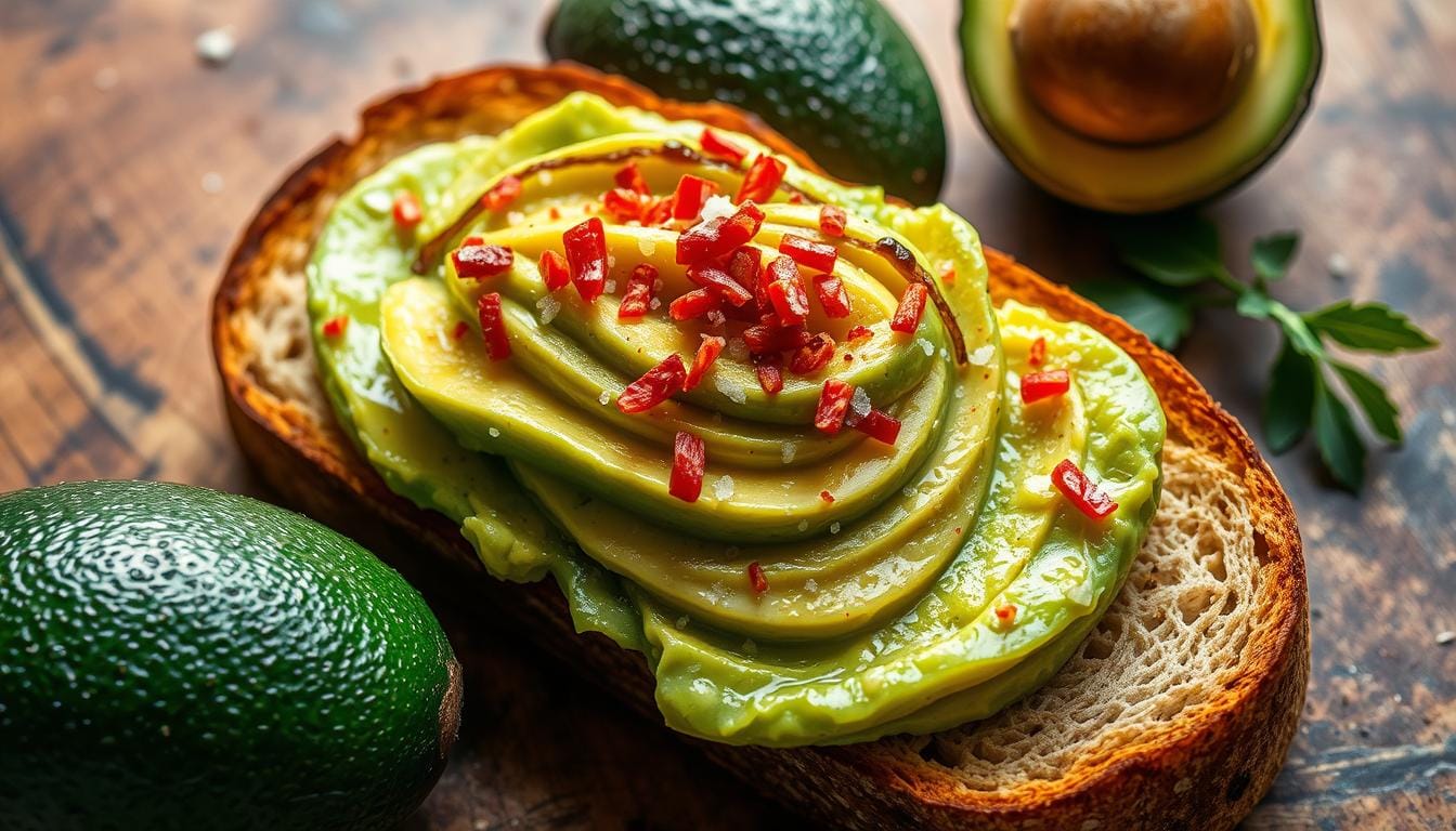 Avocado toast on whole grain bread with cherry tomatoes and chia seeds, showcasing its nutritional value and calorie breakdown.