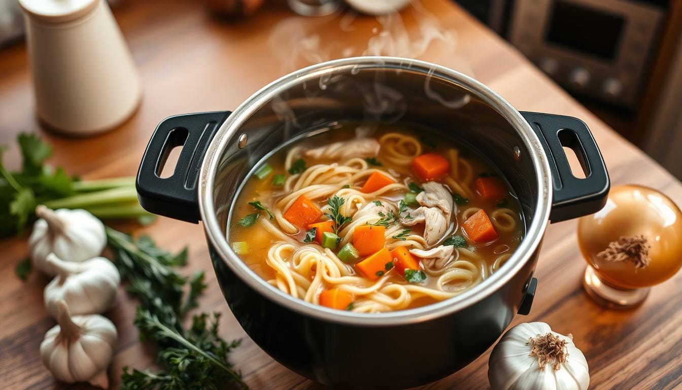 A steaming bowl of Instant Pot chicken noodle soup garnished with fresh parsley, featuring tender chicken, vibrant vegetables, and golden noodles.