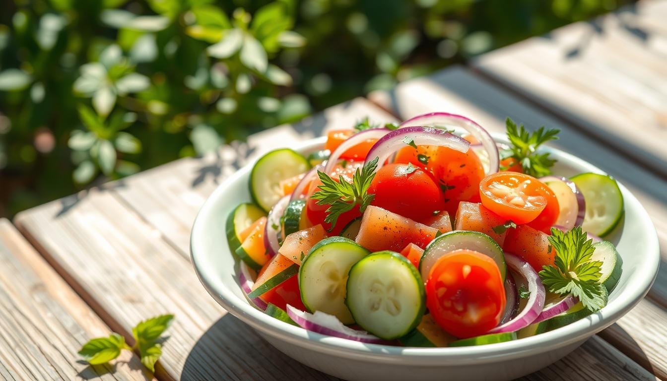 A vibrant bowl of Logan's cucumber salad, garnished with fresh dill, red onions, and a light drizzle of olive oil, perfect for summer.